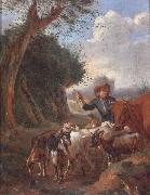 A Young herder with cattle and goats in a landscape unknow artist